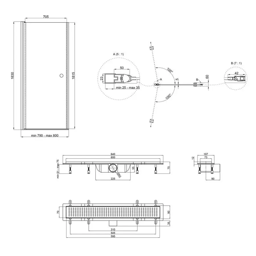 Набір Qtap двері в нішу Presto CRM208.P5 80х185 см, скло Pear 5 мм + трап лінійний Dry FB304-600 лінійний з сухим закривом та нержавіючою решіткою 600х73 мм