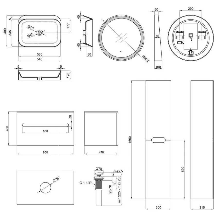 Комплект меблів для ванної Qtap тумба + раковина + дзеркало + пенал QT044VI43004