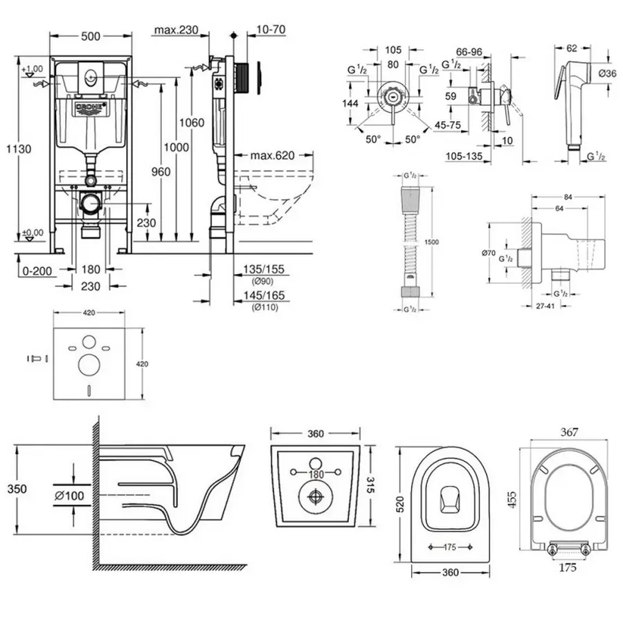 Комплект інсталяція Grohe Rapid SL 38722001 + унітаз з сидінням Qtap Jay QT07335176W + набір для гігієнічного душу зі змішувачем Grohe BauClassic 111048