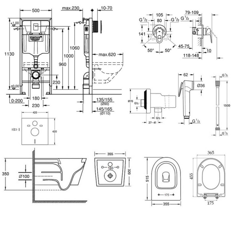 Комплект інсталяція Grohe Rapid SL 38772001 + унітаз з сидінням Qtap Swan QT16335178W + набір для гігієнічного душу зі змішувачем Grohe BauLoop 111042