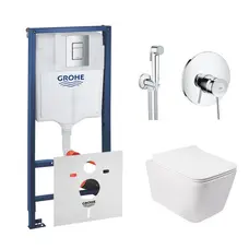 Комплект інсталяція Grohe Rapid SL 38772001 + унітаз з сидінням Qtap Crow QT05335170W + набір для гігієнічного душу зі змішувачем Grohe BauClassic 2904800S