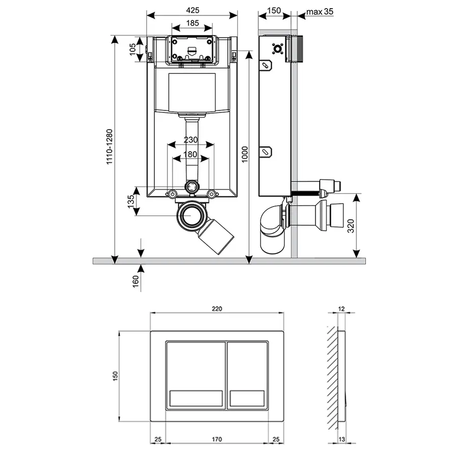 Набор инсталляция 4 в 1 Qtap Nest ST с квадратной панелью смыва QT0133M425M06029SAT