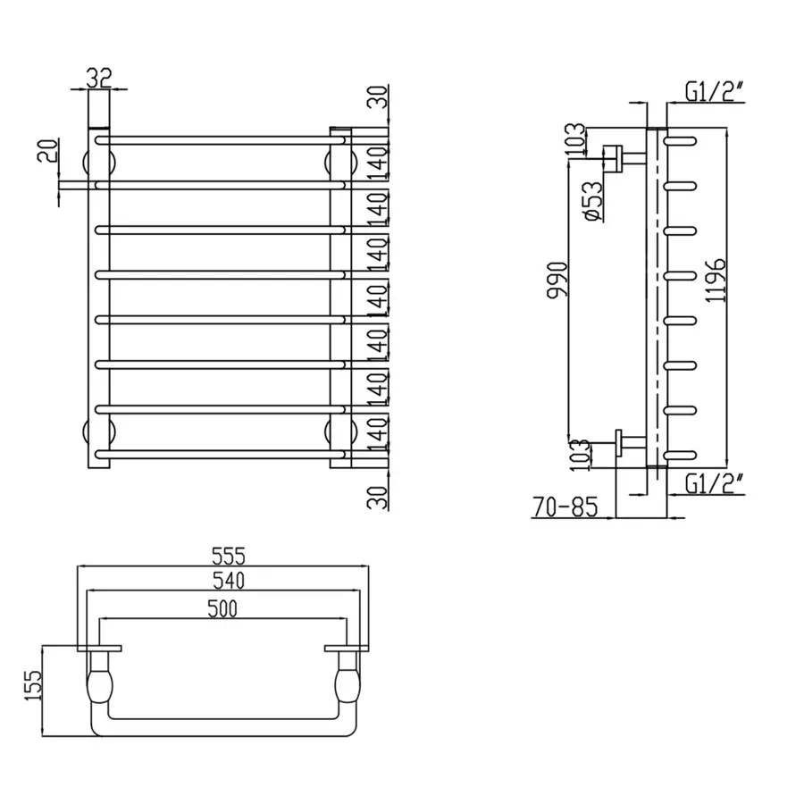 Полотенцесушитель водяной Lidz Standard (CRM) D32 / 20х1 / 2 "500x1200 P8