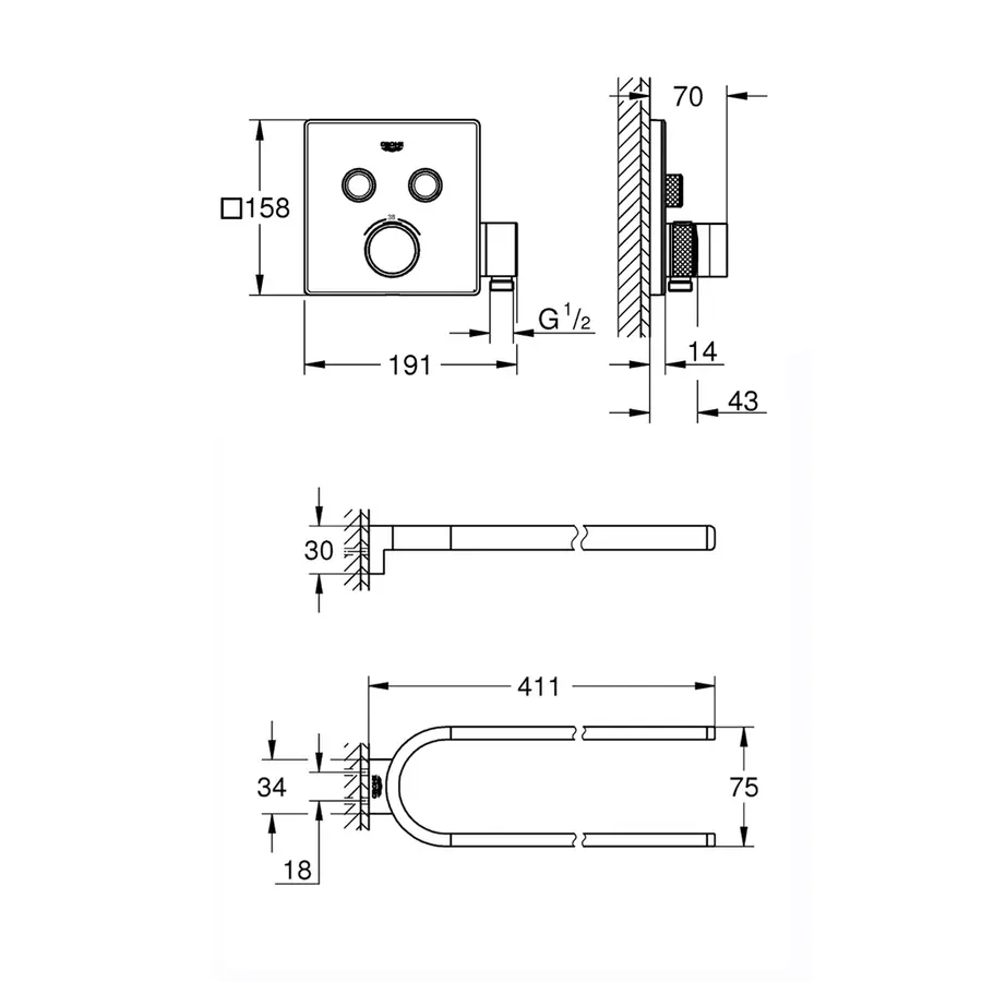 Набір Grohe зовнішня частина термостатичного змішувача для душу Grohtherm SmartControl 29125000 для двох споживачів + тримач для ручників Selection 41059000