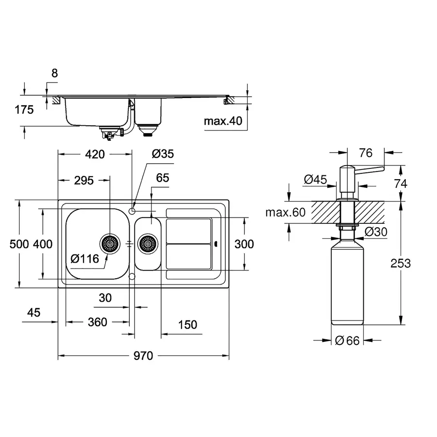 Мойка кухонная Grohe K300 31564SD0 + дозатор для моющего средства Contemporary 40536000