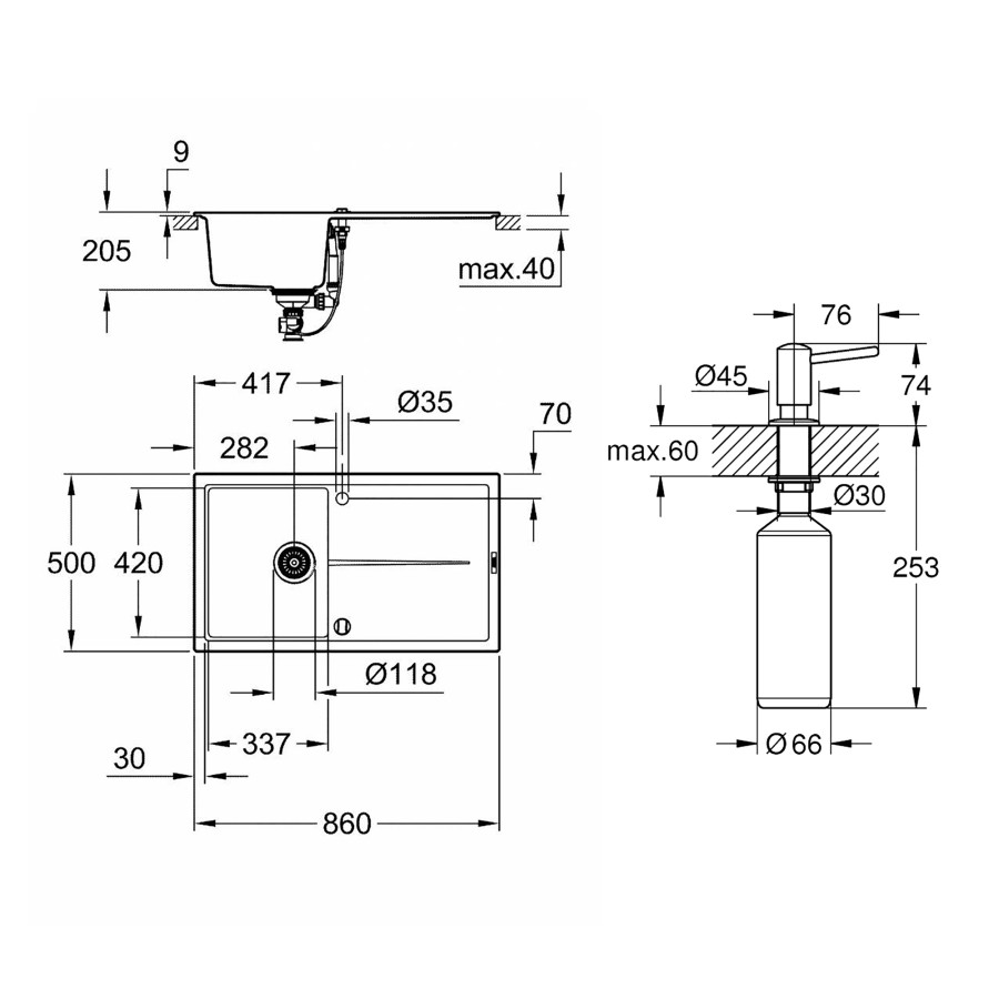 Мийка гранітна кухонна Grohe K400 31640AT0 + дозатор для миючого засобу Contemporary 40536000