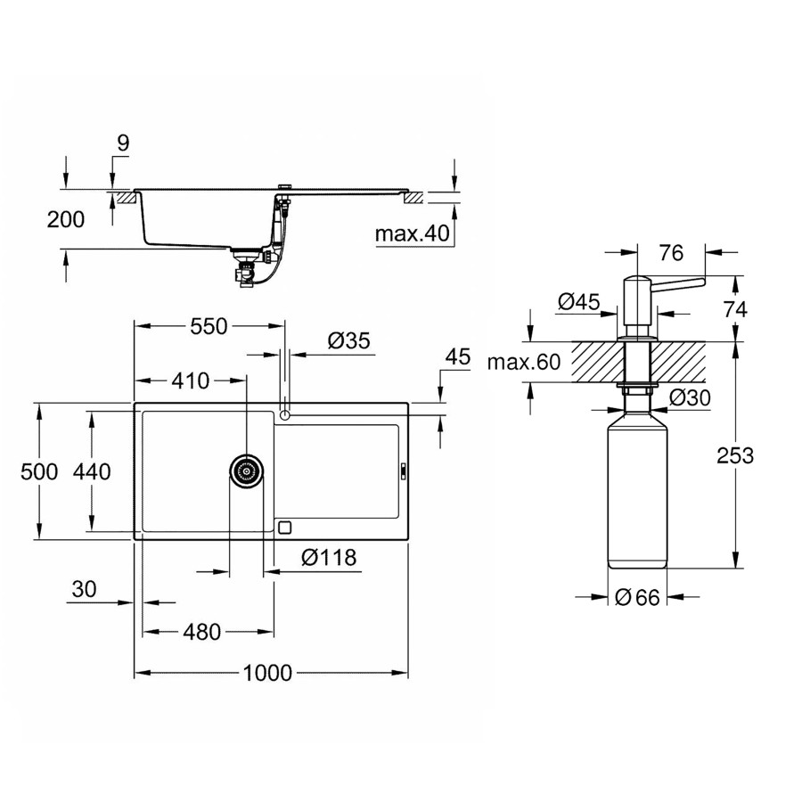 Кухонная гранитная мойка Grohe K500 31645AT0 + дозатор для моющего средства Contemporary 40536000