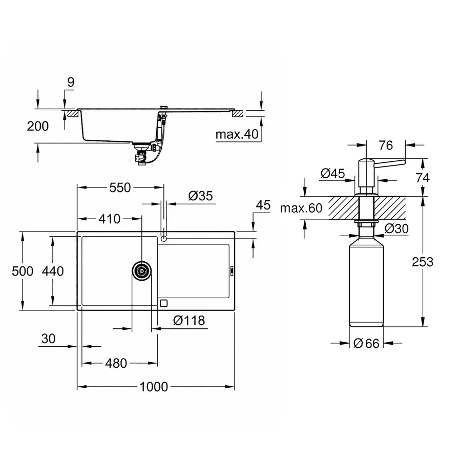 Кухонная гранитная мойка Grohe K500 31645AT0 + дозатор для моющего средства Contemporary 40536000