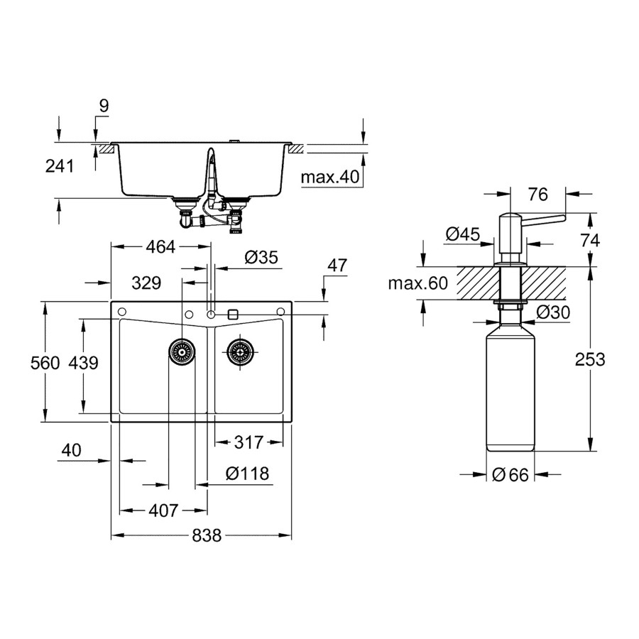 Кухонная гранитная мойка Grohe K700 31657AT0 + дозатор для моющего средства Contemporary 40536000