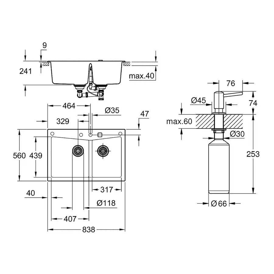 Кухонная гранитная мойка Grohe K700 31657AT0 + дозатор для моющего средства Contemporary 40536000