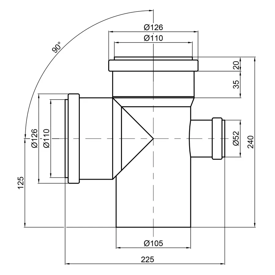 Крестовина канализационная TA Sewage 110х110х110х50, 90 °