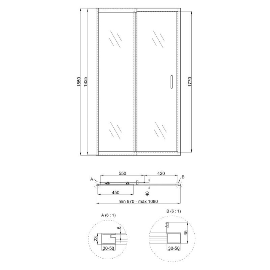 Душові двері в нішу Qtap Taurus CRM201-11.C6 97-108x185 см, скло Clear 6 мм, покриття CalcLess