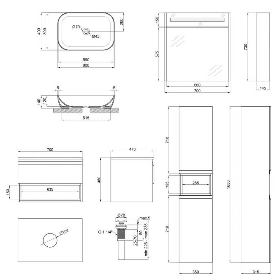 Комплект меблів для ванної Qtap Robin тумба + раковина + дзеркальна шафа + пенал QT044RO42985