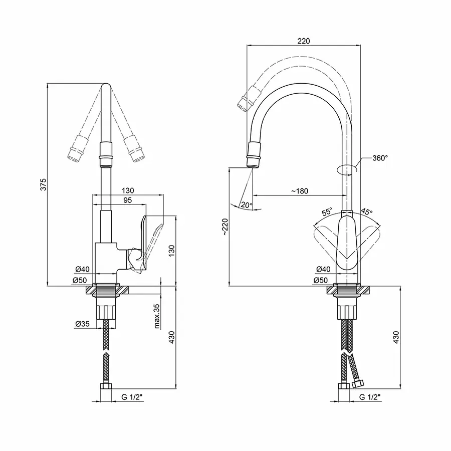 Змішувач для кухні Qtap Linea CRB 007F з рефлекторним виливом