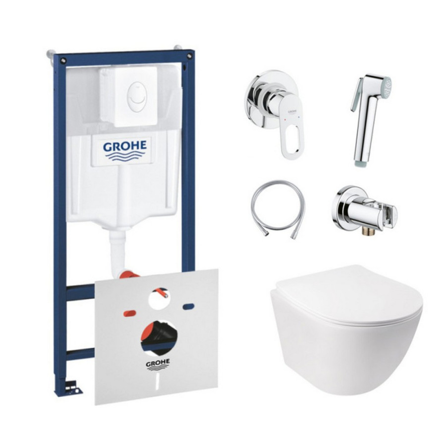 Комплект інсталяція Grohe Rapid SL 38722001 + унітаз з сидінням Qtap Jay QT07335176W + набір для гігієнічного душу зі змішувачем Grohe BauLoop 111042