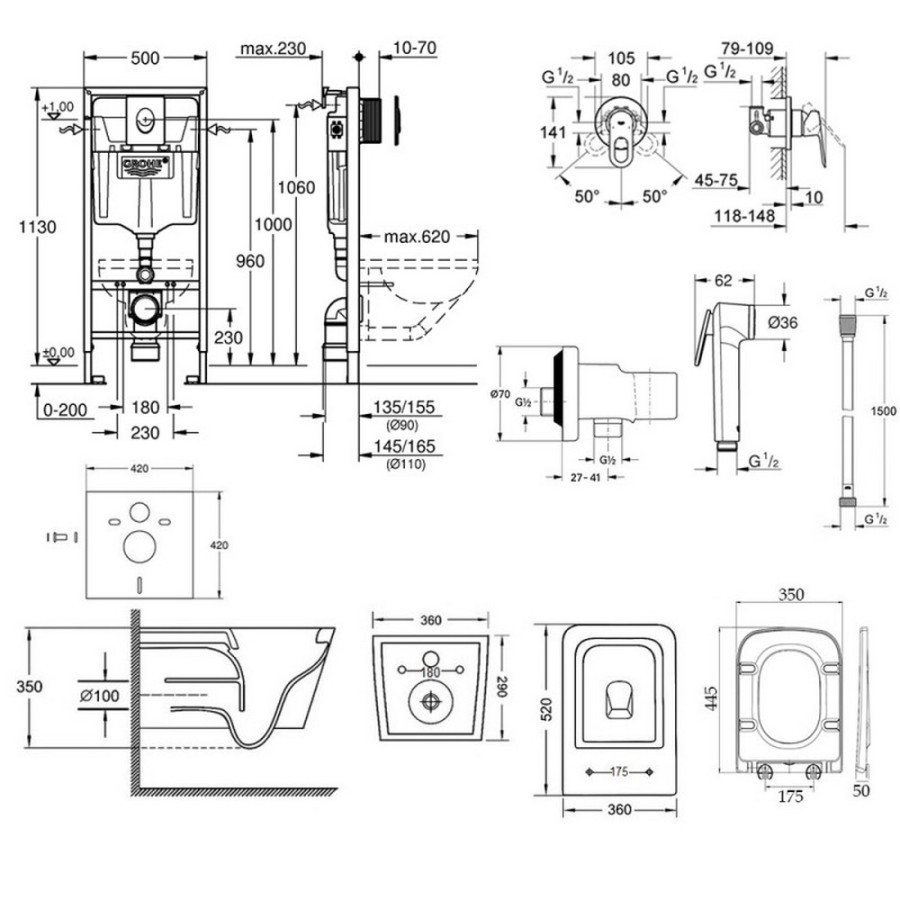 Комплект інсталяція Grohe Rapid SL 38721001 + унітаз з сидінням Qtap Crow QT05335170W + набір для гігієнічного душу зі змішувачем Grohe BauLoop 111042