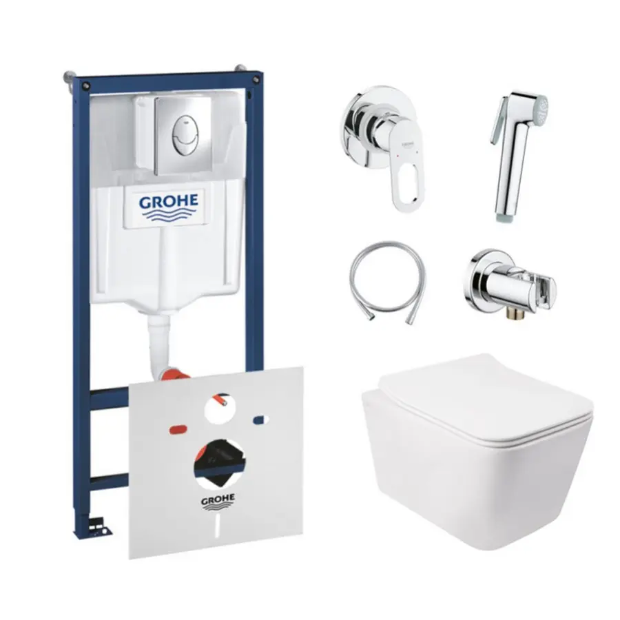 Комплект інсталяція Grohe Rapid SL 38721001 + унітаз з сидінням Qtap Crow QT05335170W + набір для гігієнічного душу зі змішувачем Grohe BauLoop 111042