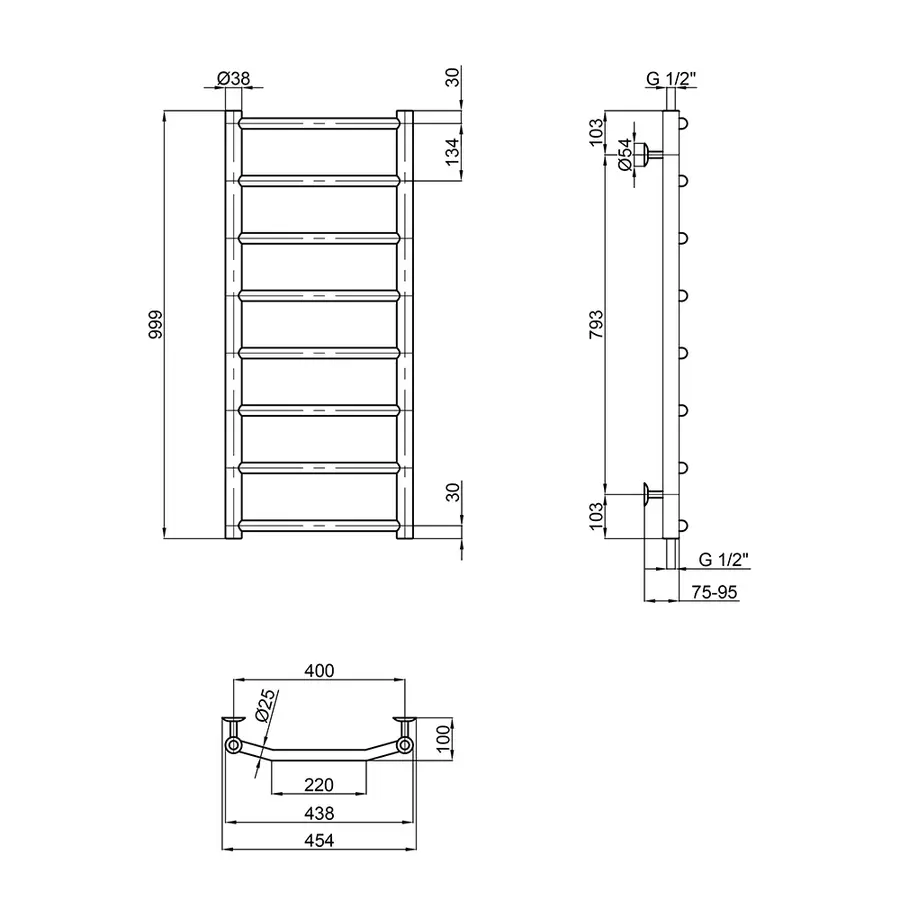 Полотенцесушитель водяной Lidz Trapezium (CRM) D38 / 25 400x1000 P8
