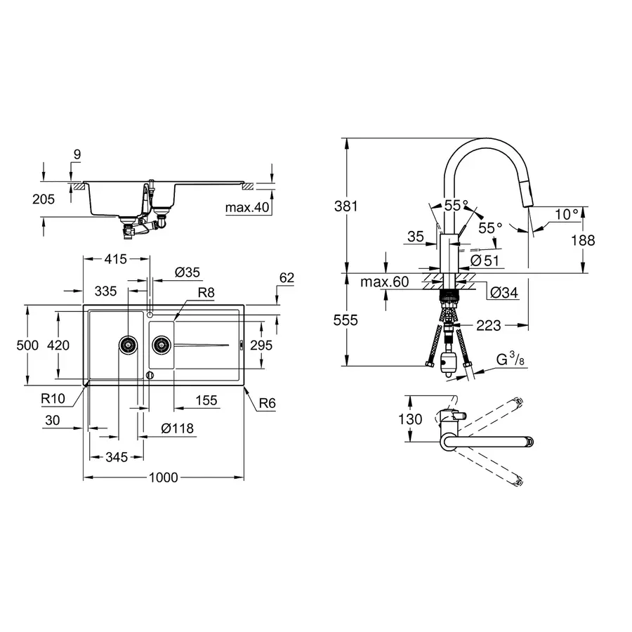 Гранитная кухонная мойка Grohe K400 31642AT0 + смеситель Eurosmart Cosmopolitan 31481001