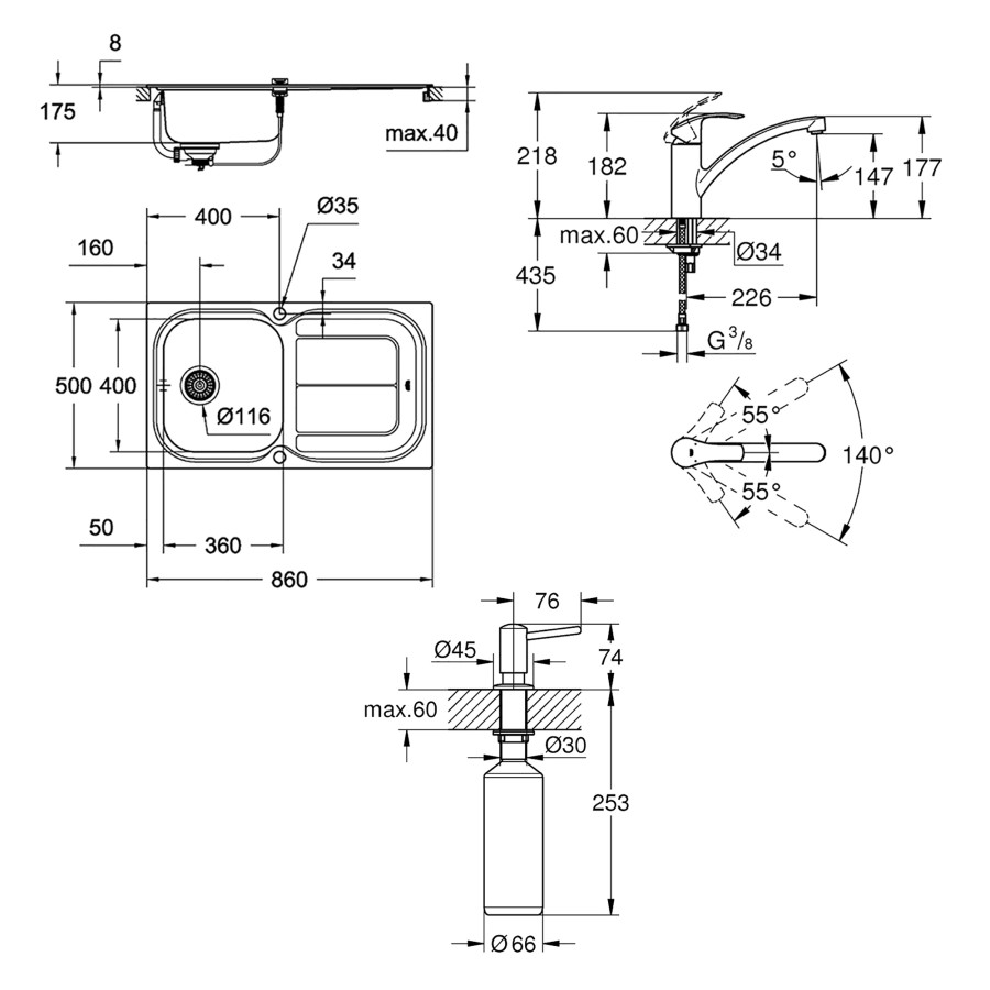 Мойка кухонная Grohe K300 31565SD0 + смеситель Eurosmart 33281002 + дозатор для моющего средства Contemporary 40536000