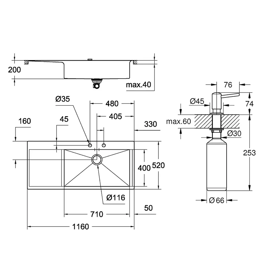 Мийка кухонна Grohe K1000 31582SD0 + дозатор для миючого засобу Contemporary 40536000