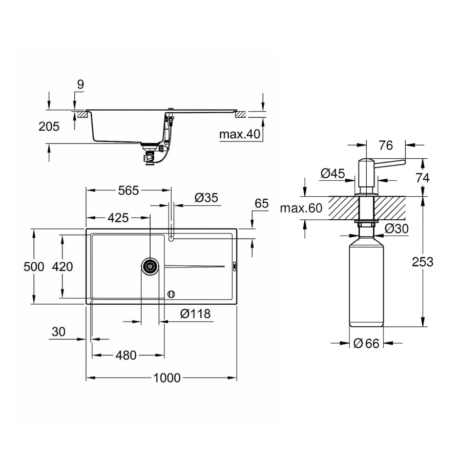 Кухонная гранитная мойка Grohe K400 31641AP0 + дозатор для моющего средства Contemporary 40536000