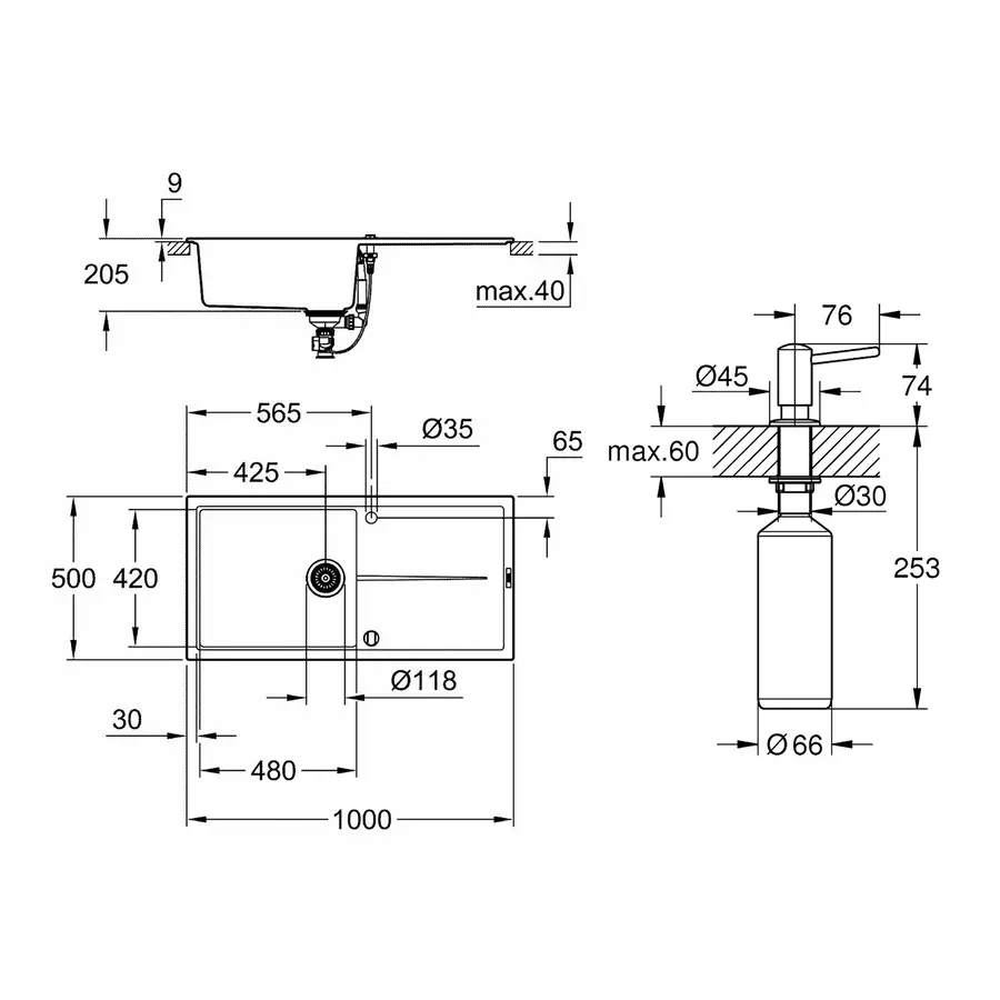 Кухонна гранітна мийка Grohe K400 31641AP0 + дозатор для миючого засобу Contemporary 40536000