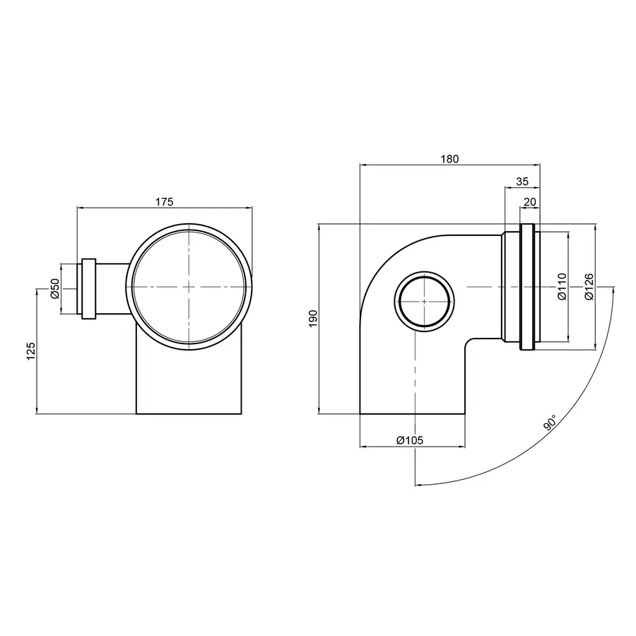 Коліно каналізаційне з відводом TA Sewage 50х110х110, 90° (в ліво)