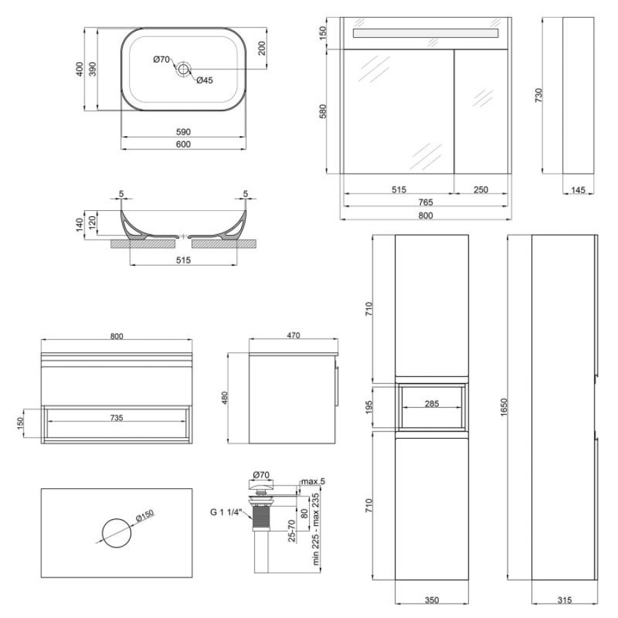 Комплект меблів для ванної Qtap Robin тумба + раковина + дзеркальна шафа + пенал QT044RO42986