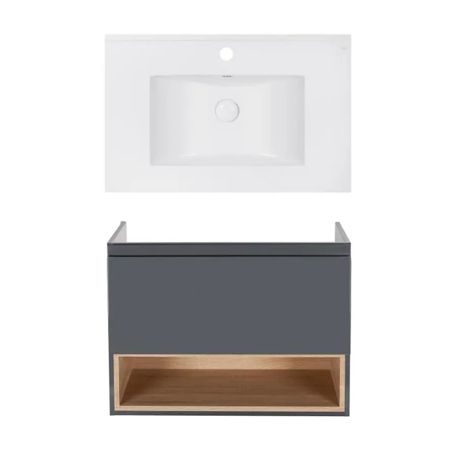 Комплект Qtap тумба підвісна Robin 800х580х437 мм Graphite/Whitish oak + раковина урізна Albatross E QT71RO44054