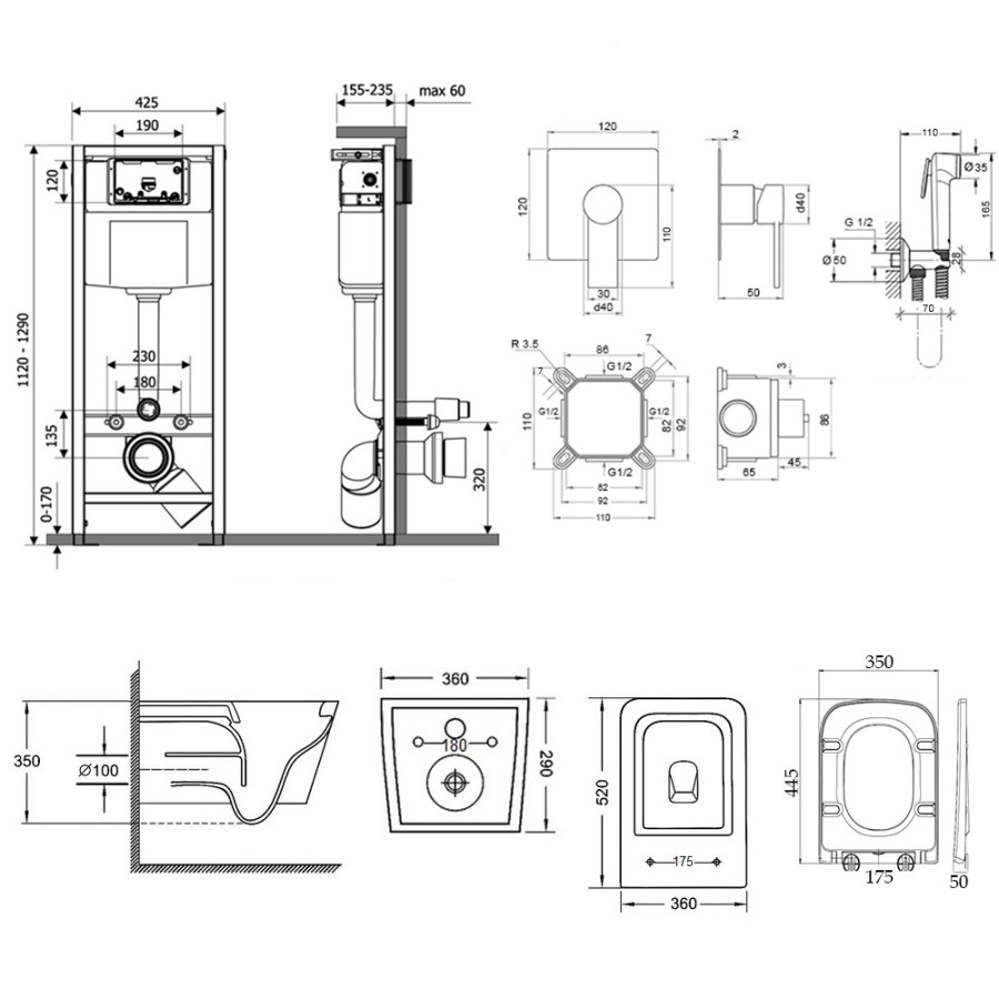 Комплект Qtap інсталяція Qtap Nest M425-M06CRM + унітаз з сидінням Crow QT05335170W + змішувач прихованого монтажу для біде Qtap Form 001AB SQ