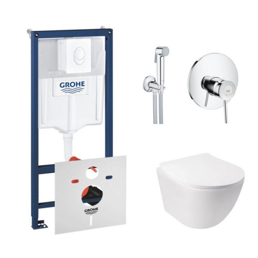 Комплект інсталяція Grohe Rapid SL 38722001 + унітаз з сидінням Qtap Jay QT07335176W + набір для гігієнічного душу зі змішувачем Grohe BauClassic 2904800S