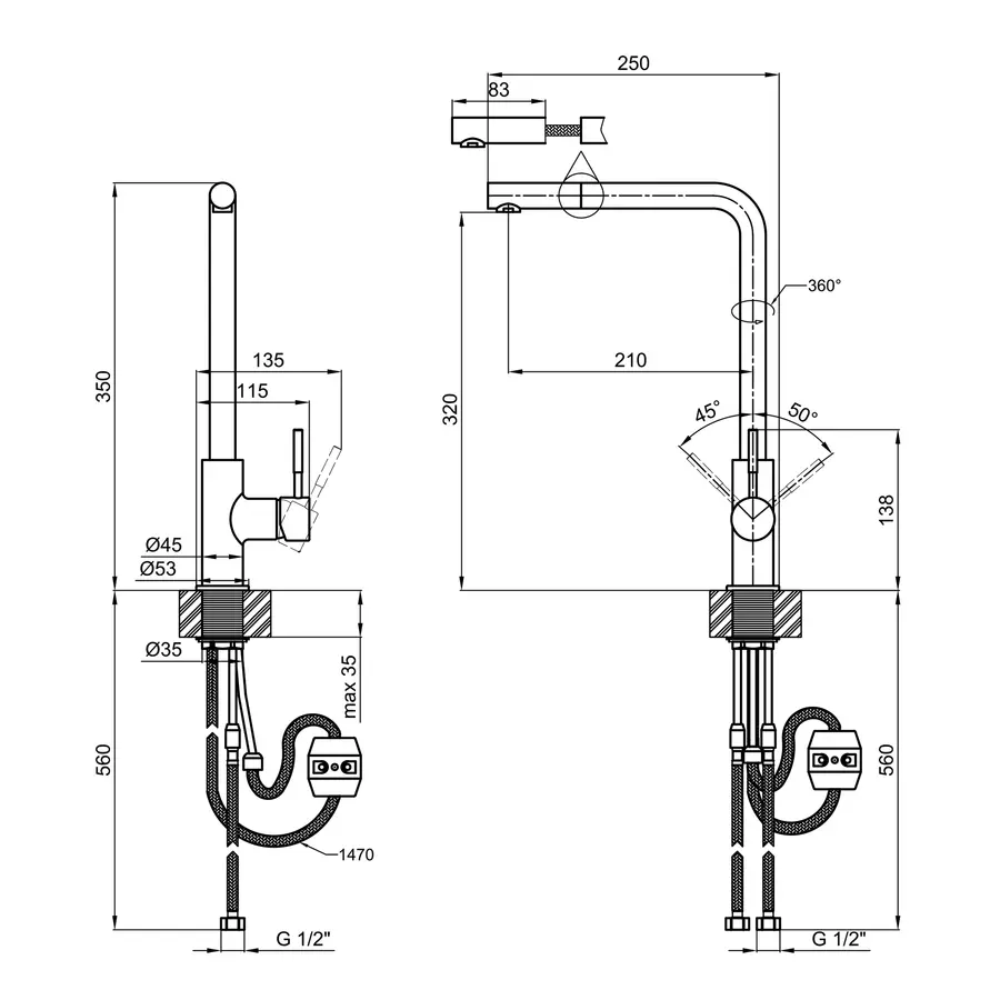 Змішувач для кухні сталевий Lidz (NKS) 12 32 015FL-13 з висувним виливом