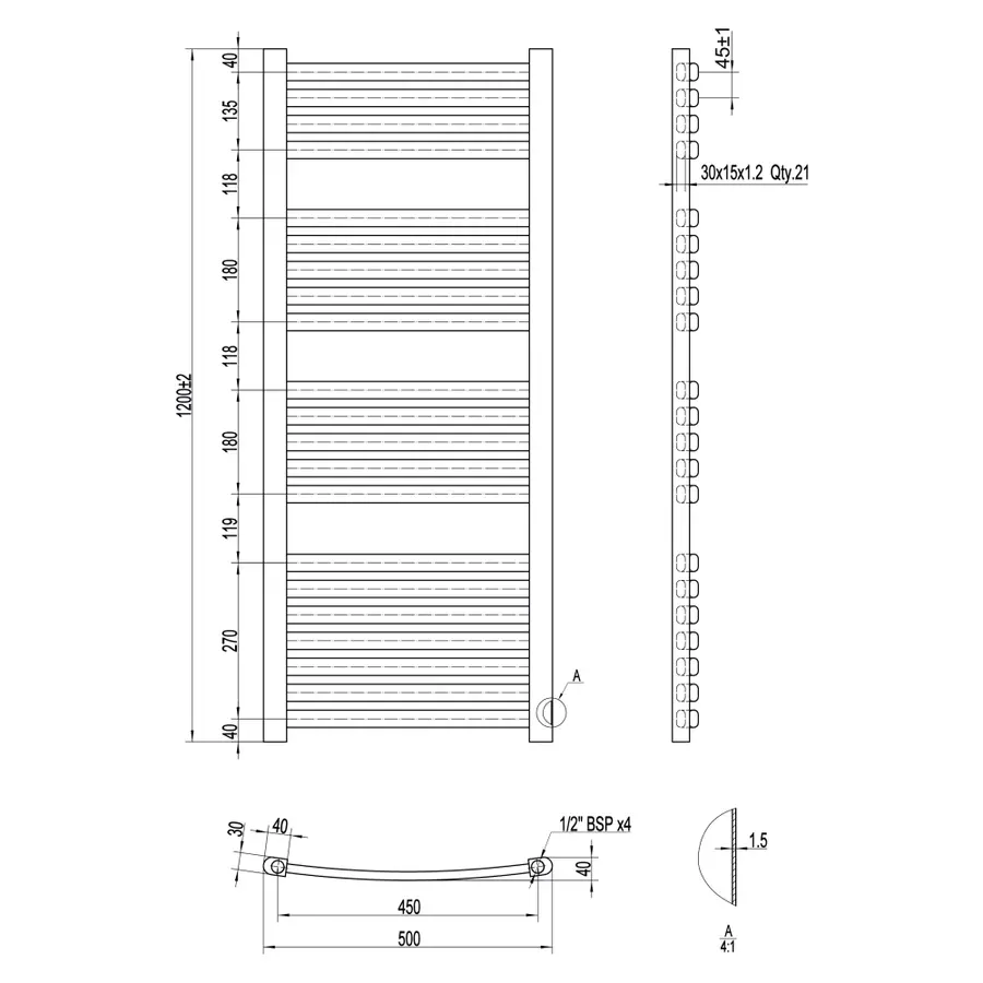Сушилка Полотенцесушитель водяной Qtap Dias (SIL) P21 1200x500 HY
