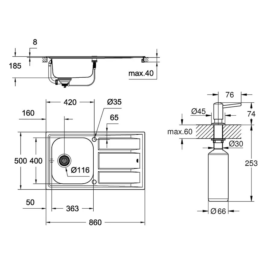 Мийка кухонна Grohe K400 31566SD0 + дозатор для миючого засобу Contemporary 40536000