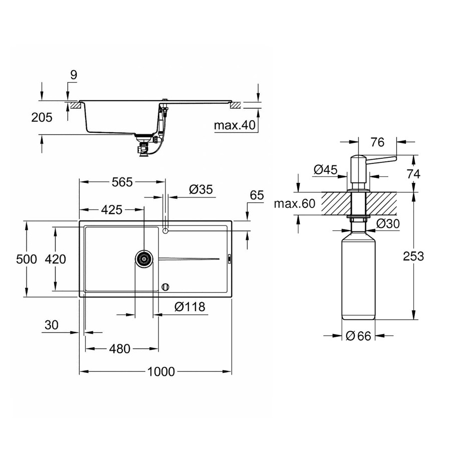 Кухонная гранитная мойка Grohe K400 31641AT0 + дозатор для моющего средства Contemporary 40536000