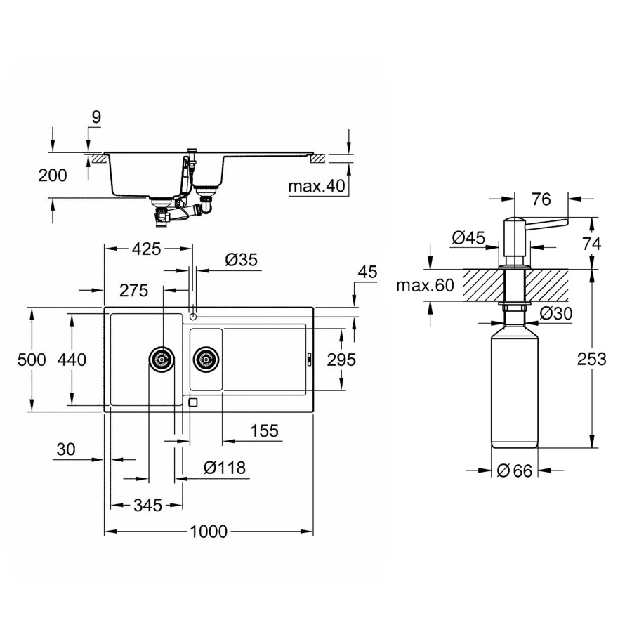 Кухонна гранітна мийка Grohe K500 31646AT0 + дозатор для миючого засобу Contemporary 40536000