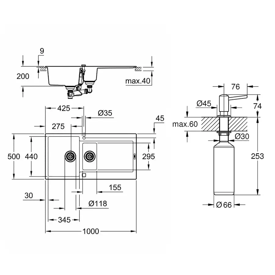 Кухонная гранитная мойка Grohe K500 31646AT0 + дозатор для моющего средства Contemporary 40536000