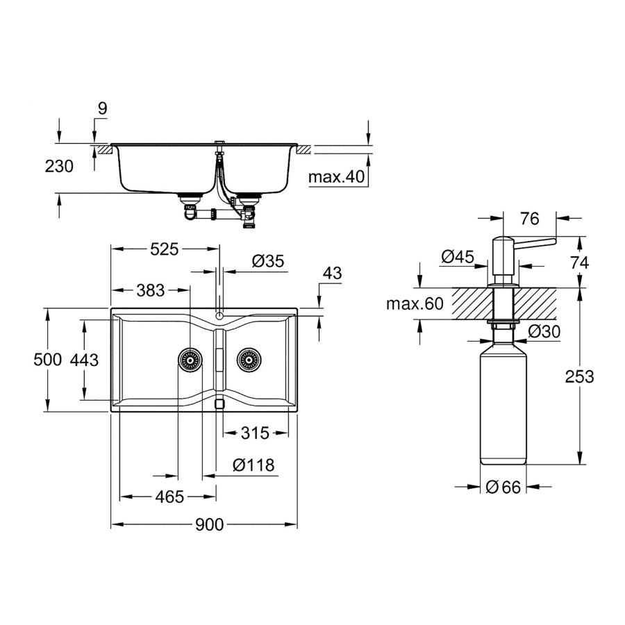 Кухонна гранітна мийка Grohe з двома чашами K700 31658AT0 + дозатор для миючого засобу Contemporary 40536000