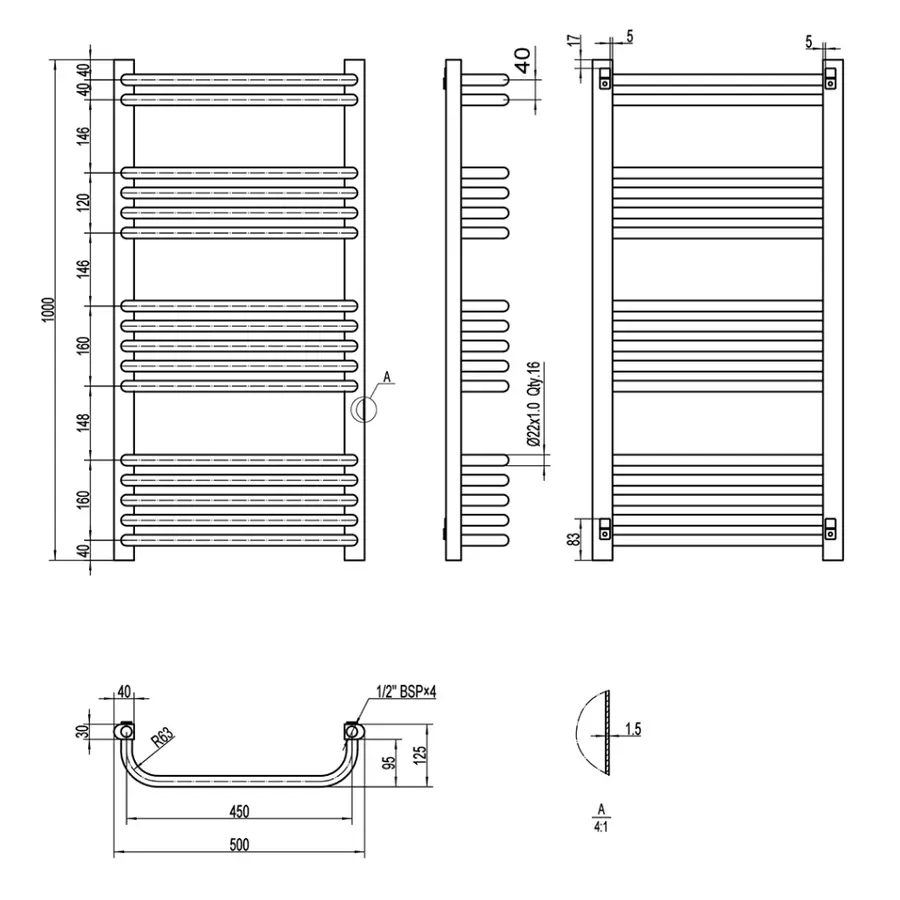 Сушилка Полотенцесушитель водяной Qtap Glory (WHI) P16 1000x500 HY
