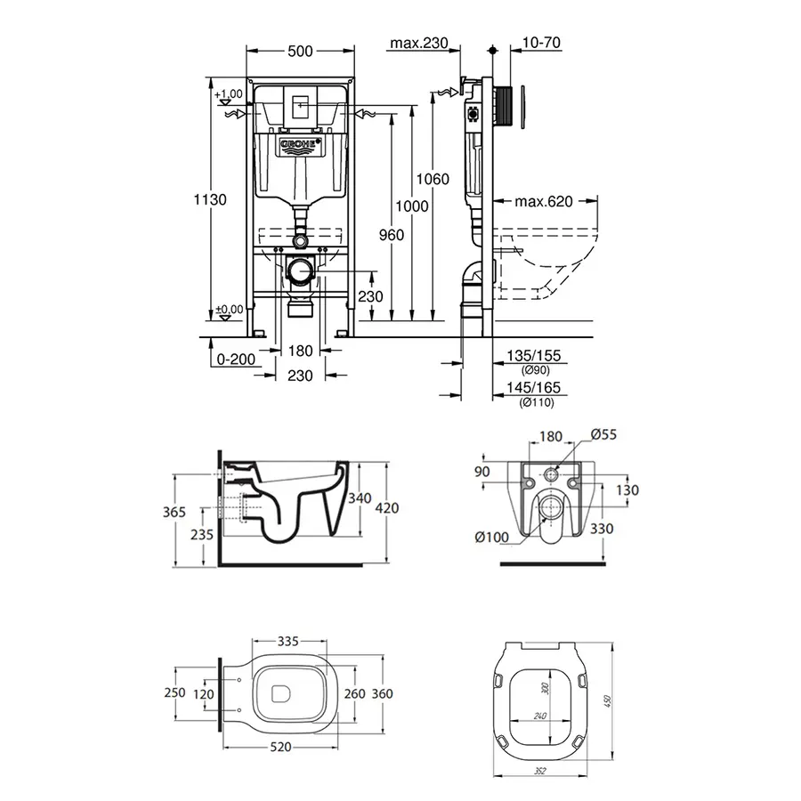 Набор унитаз Azzurra Glaze GLZ100B1SOSK с сиденьем Azzurra Glaze GLZ1800F + инсталляция Grohe Rapid SL 38772001