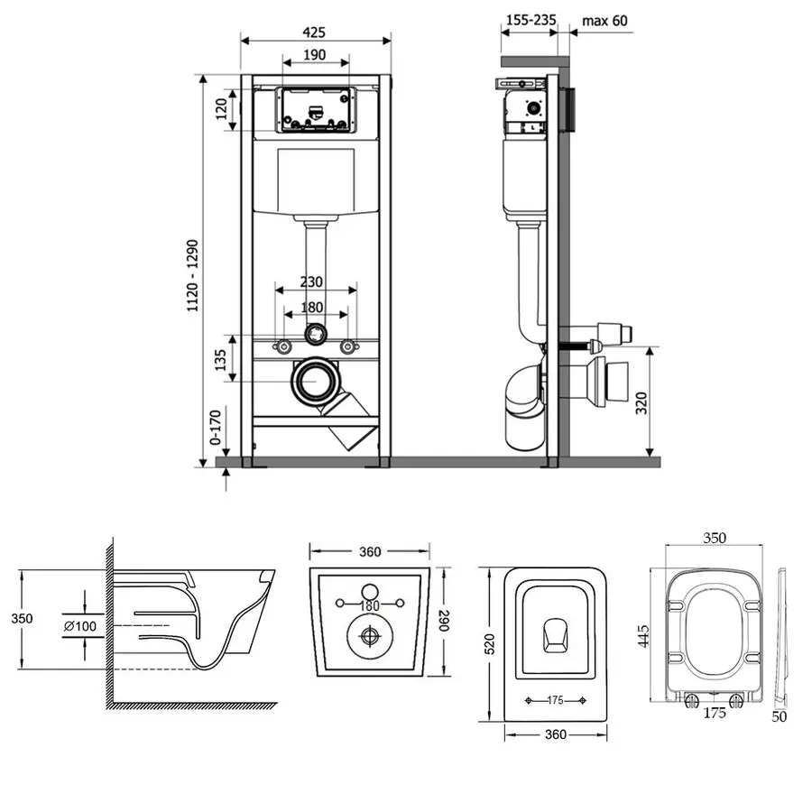 Набор Qtap инсталляция Qtap Nest M425-M06CRM + унитаз с сиденьем Crow QT05335170W