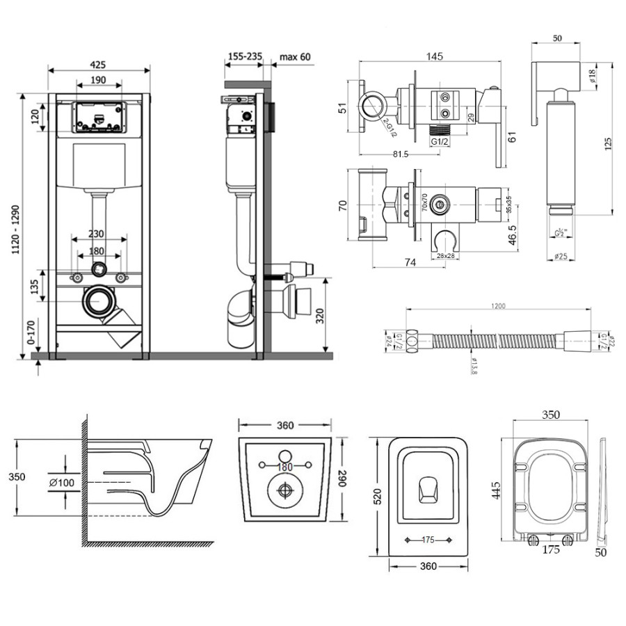 Комплект Qtap інсталяція Qtap Nest M425-M06CRM + унітаз з сидінням Crow QT05335170W + набір для гігієнічного душу зі змішувачем Qtap Inspai-Varius CRM 201