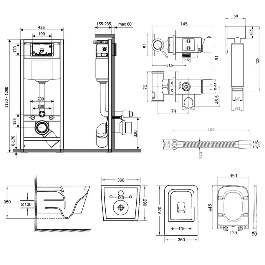 Комплект Qtap инсталляция Qtap Nest M425-M06CRM + унитаз с сиденьем Crow QT05335170W + набор для гигиенического душа со смесителем Qtap Inspai-Varius CRM 201