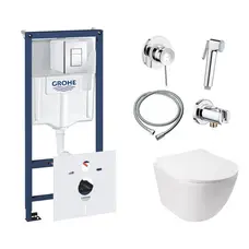 Комплект інсталяція Grohe Rapid SL 38827000 + унітаз з сидінням Qtap Jay QT07335176W + набір для гігієнічного душу зі змішувачем Grohe BauClassic 111048