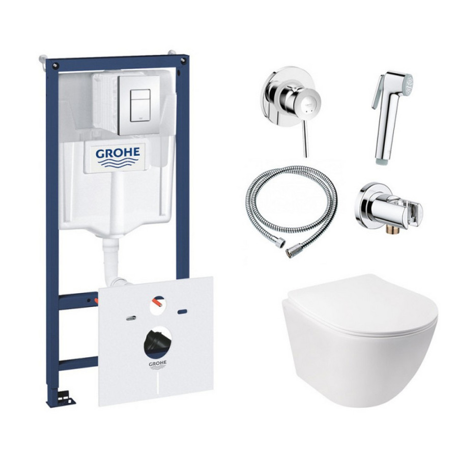 Комплект інсталяція Grohe Rapid SL 38827000 + унітаз з сидінням Qtap Jay QT07335176W + набір для гігієнічного душу зі змішувачем Grohe BauClassic 111048