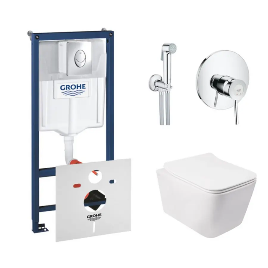 Комплект інсталяція Grohe Rapid SL 38721001 + унітаз з сидінням Qtap Crow QT05335170W + набір для гігієнічного душу зі змішувачем Grohe BauClassic 2904800S