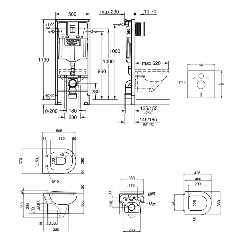 Набір інсталяція 5 в 1 Grohe Rapid SL 38827000 + унітаз з сидінням Qtap Lark QT0331159W