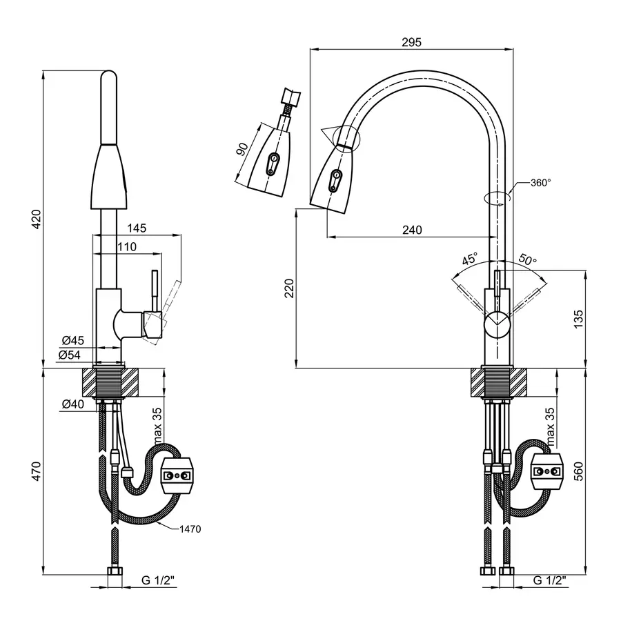 Змішувач для кухні Lidz (NKS) 12 32 015FL-8 з висувним виливом