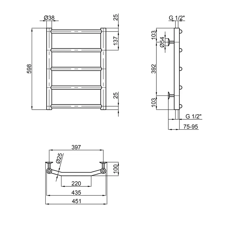 Полотенцесушитель водяной Lidz Trapezium (CRM) D38 / 25 400x600 P5